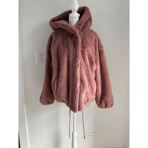 Lucky Brand Dusty Rose Faux Fur Hooded Jacket Pink Teddy Cinch Hem Large